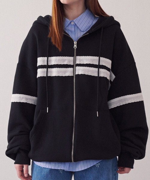 RONRON TORCHON RIBBON LACE OVERSIZED HOODIE