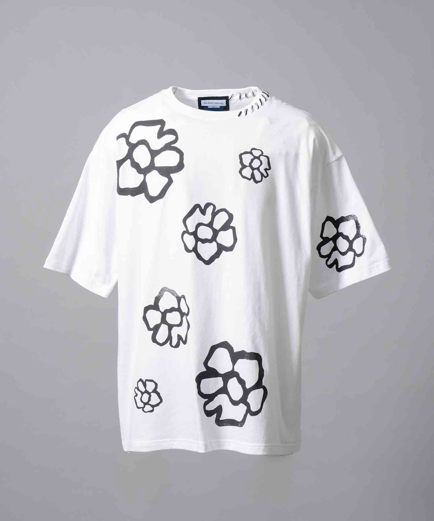 MAISON SPECIAL 《UNISEX》フラワーハンドプリントオーバーサイズドステッチクルーネックTシャツ