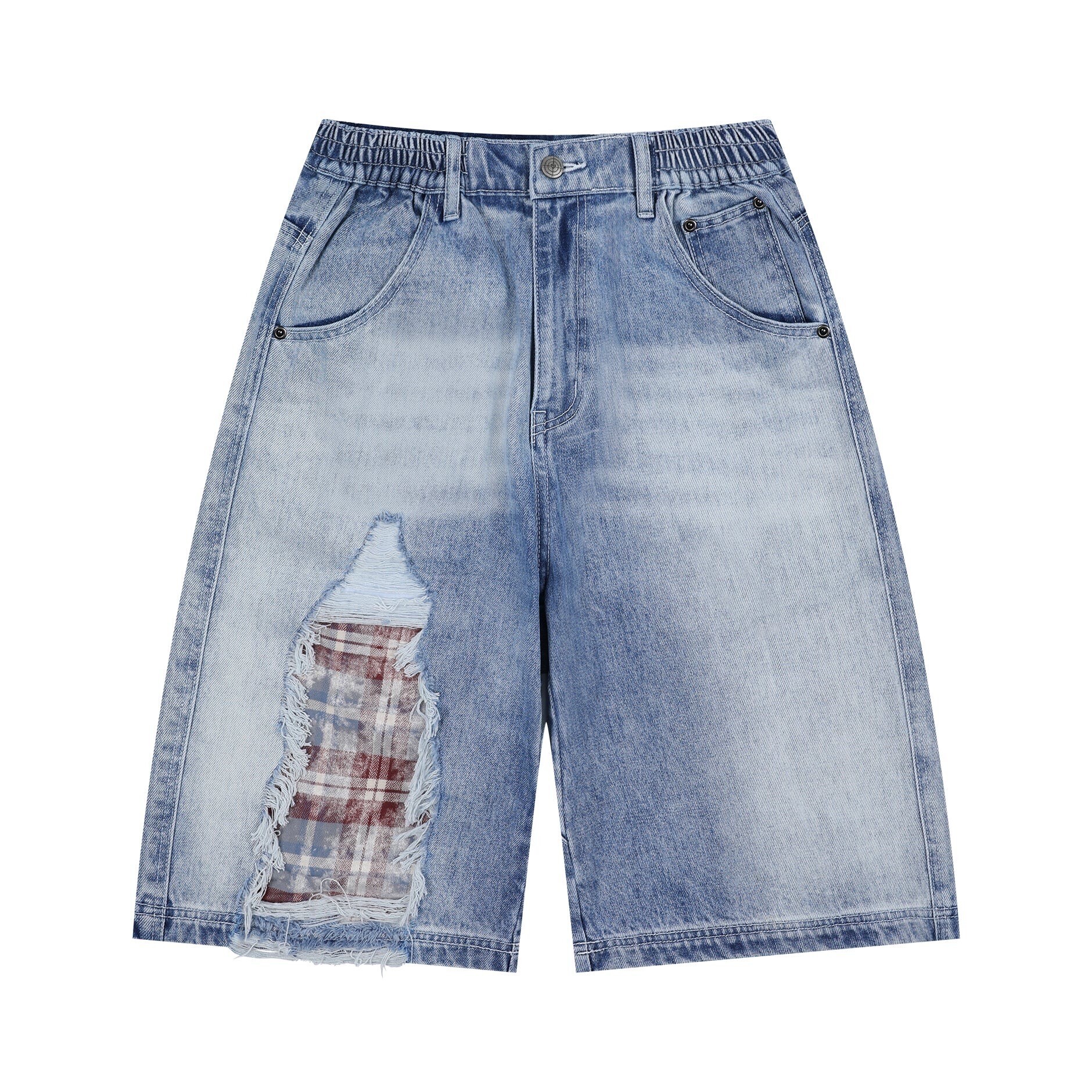GLACK GP118 チェックレイヤードダメージバミューダデニムパンツ (LIGHT INDIGO)