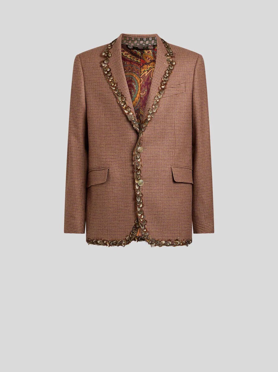 ETRO フェザー＆マイクロハウンドトゥース ウール＆カシミア シングルブレスト ジャケット