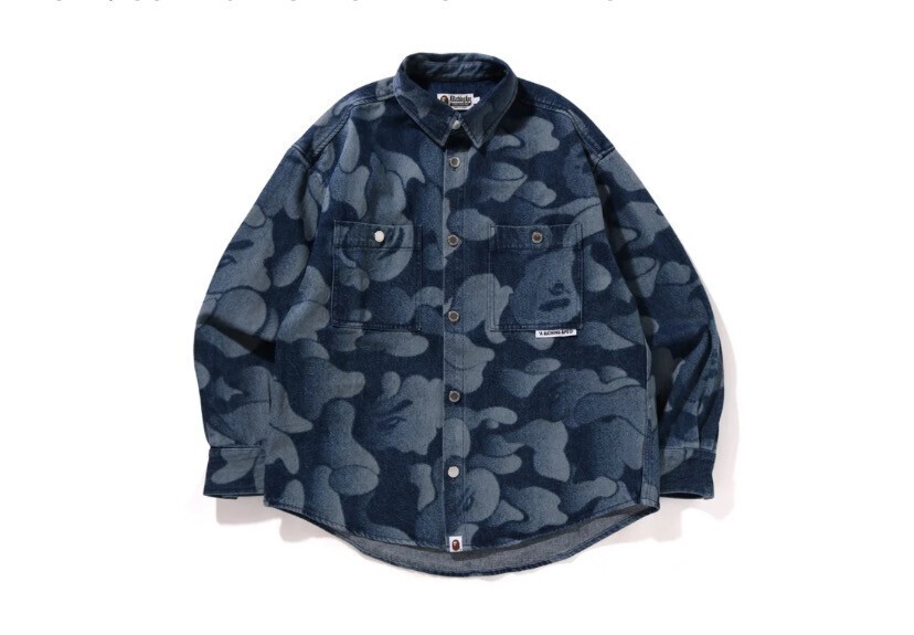 A BATHING APE SOLID CAMO LASER WORK DENIM SHIRT