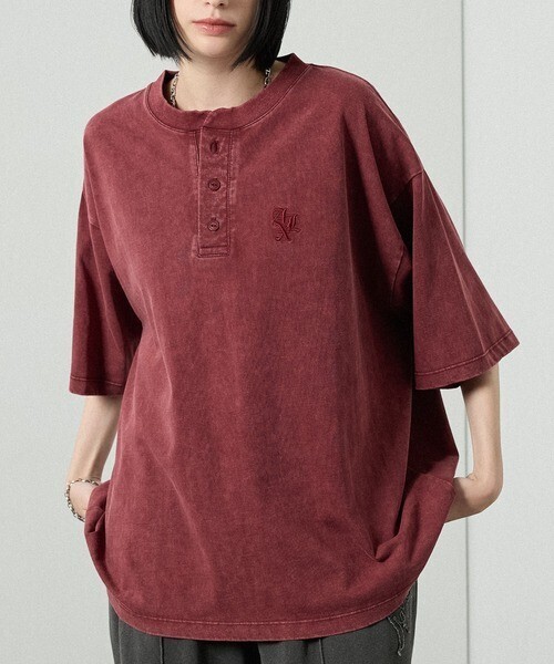 Alfred Alex ヴィンテージライク オーバーサイズ ヘンリーネック Tシャツ