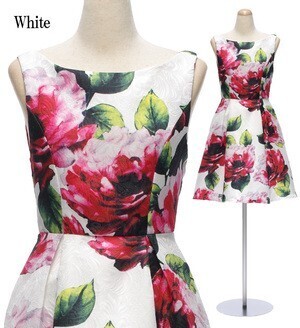 DressLine 大花柄ハイウエスト切り替え ノースリーブフレアワンピースドレス