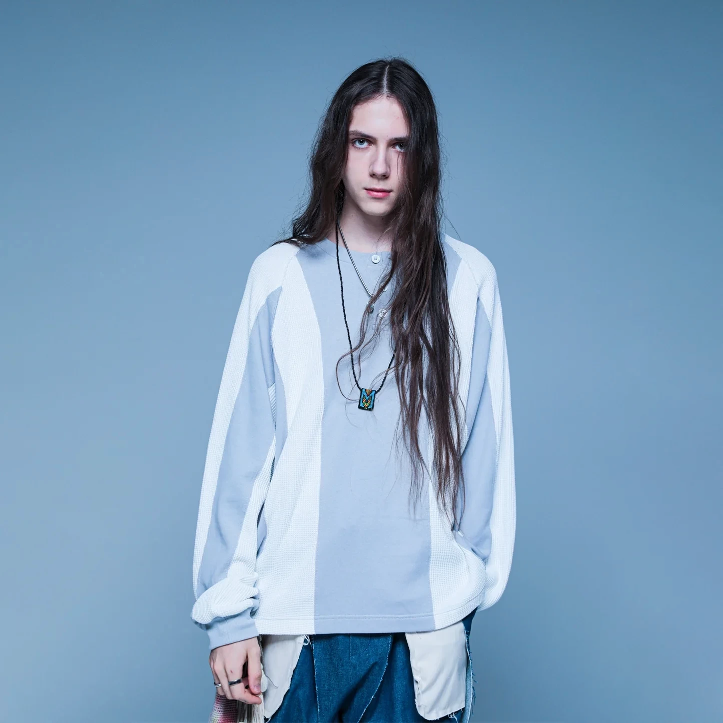 MUZE TURQUOISE LABEL STRIPE HENLEY NECK WAFFLE SWEAT