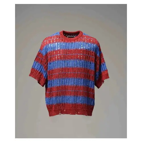 MAISON SPECIAL Prime-Over Damage Mesh Border Sleeve Crew Neck Knit T-Shirt