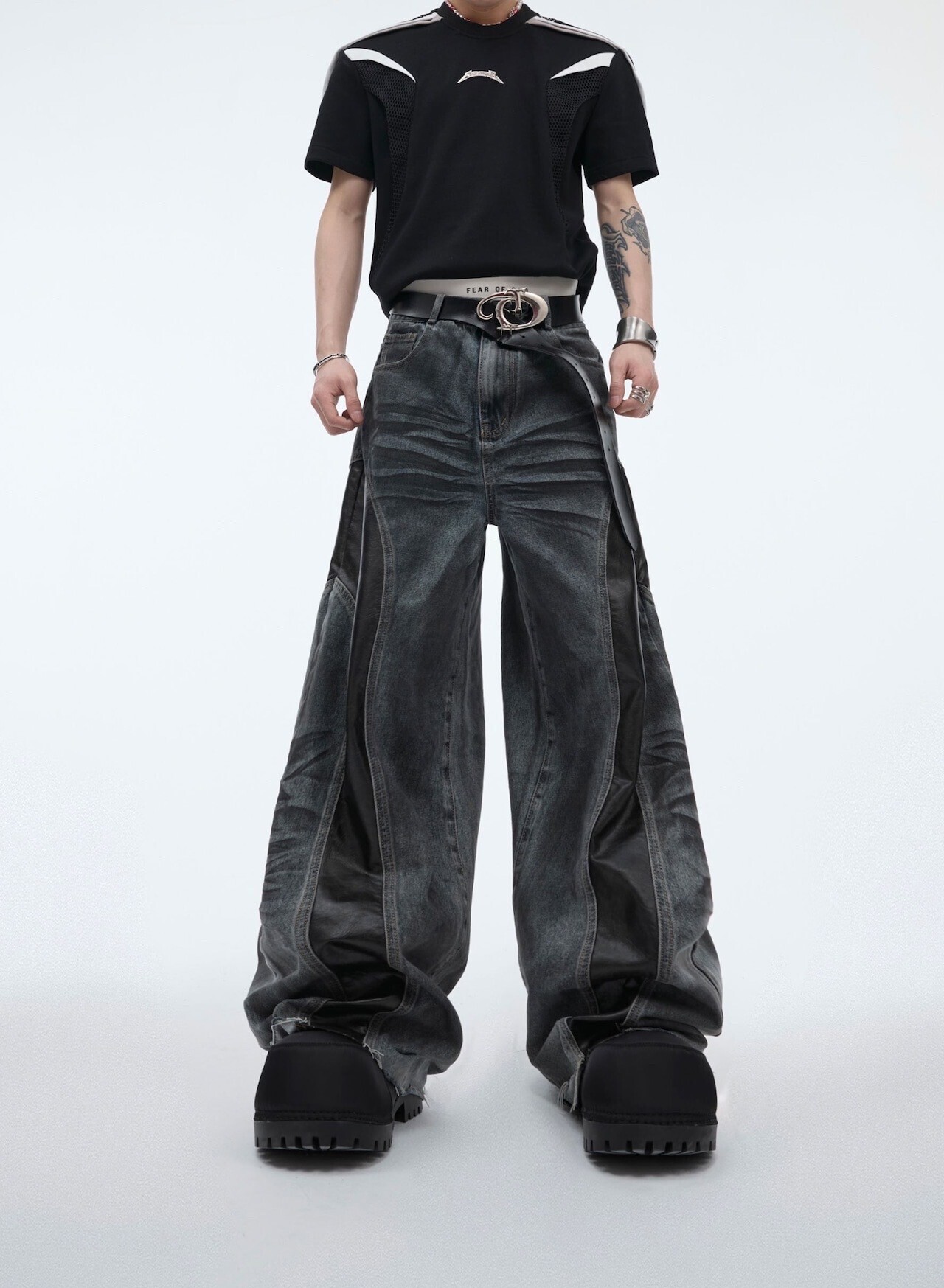 Argue Culture デニムパンツ 切替 PUレザー ウォッシュド ジーンズ ストリート