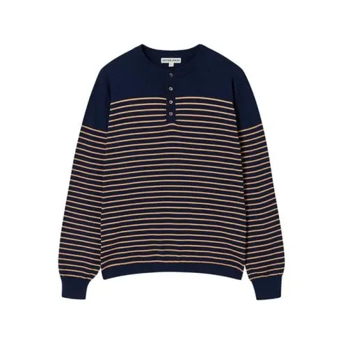 AFTER PRAY Stripe Plus Henley Neck Knit Navy