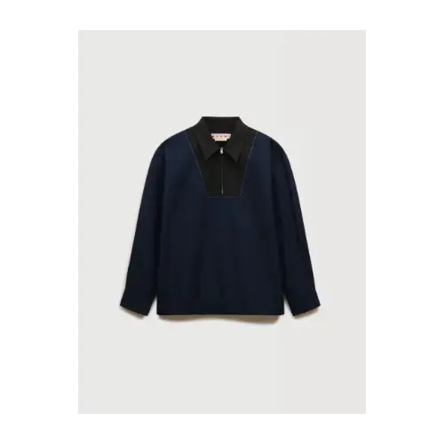 MARNI ディープブルー ポプリンシャツ、ファスナービブ付き