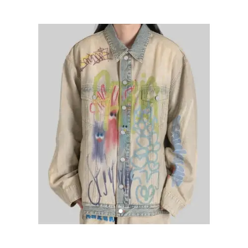 SANKUANZ BUMPY GRAFFITI PRINT REVERSIBLE FABRIC OVERSIZED DENIM JACKET