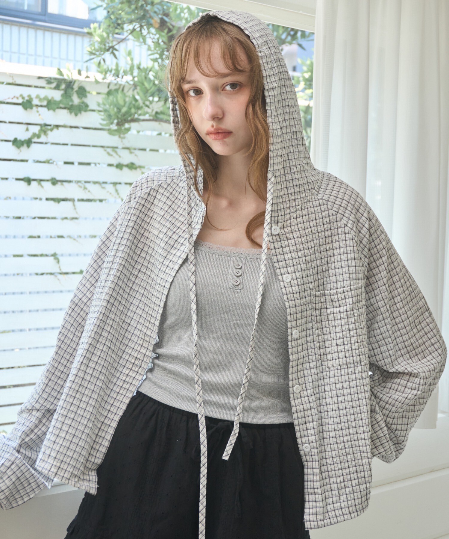 Birthday room チェック柄サマーフーディシャツ/Checkered hoodie