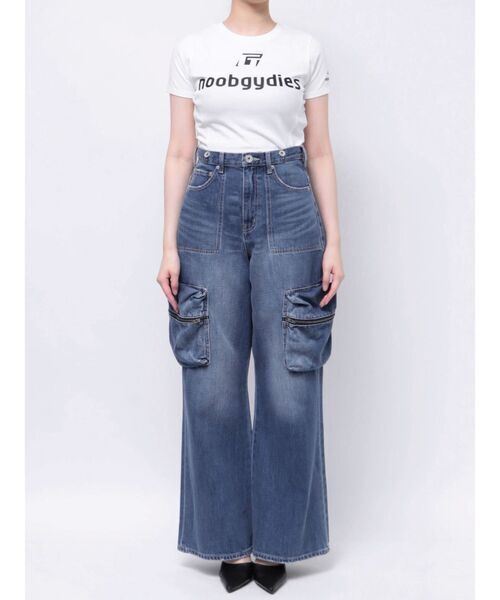 GYDA ハイウエストサスペンダー付きカーゴワイドデニムパンツ