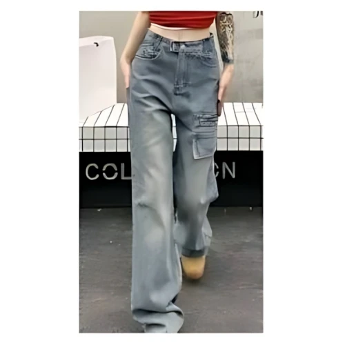 SHEIN Honeyspot ウォッシュド フラップポケット 擦り付け柄ヘム ワイドレッグ ジーンズ