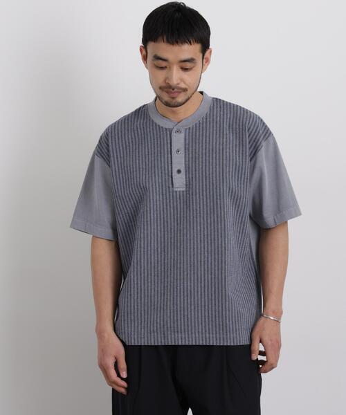 NANO universe オーバーダイジャガードストライプヘンリーTシャツ 半袖