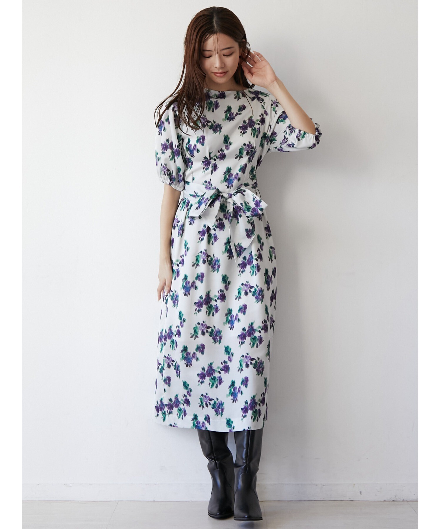 TONAL アートフラワーパフスリーブワンピース