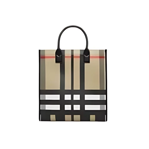 BURBERRY Exaggerated Check and Leather Tote Bag