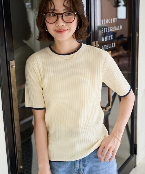FREAK'S STORE 配色 ライン リブ 半袖 ニット トップス