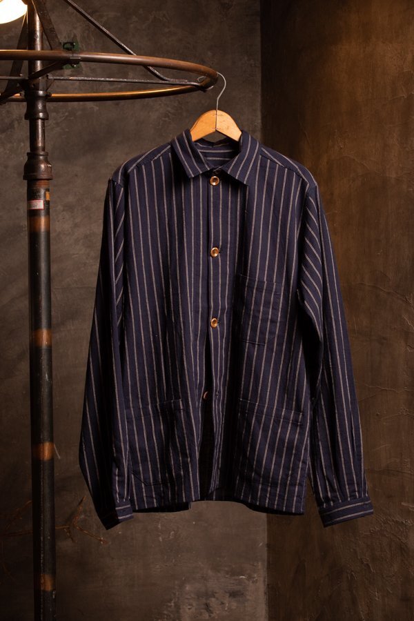 FRANK LEDER FARMERS STRIPED COTTON/LINEN WORKING JACKET WITH FRONTPOCKET