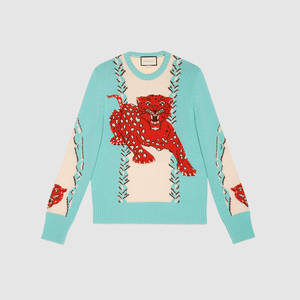 GUCCI レオパード インターシャ付き ウール クルーネックセーター