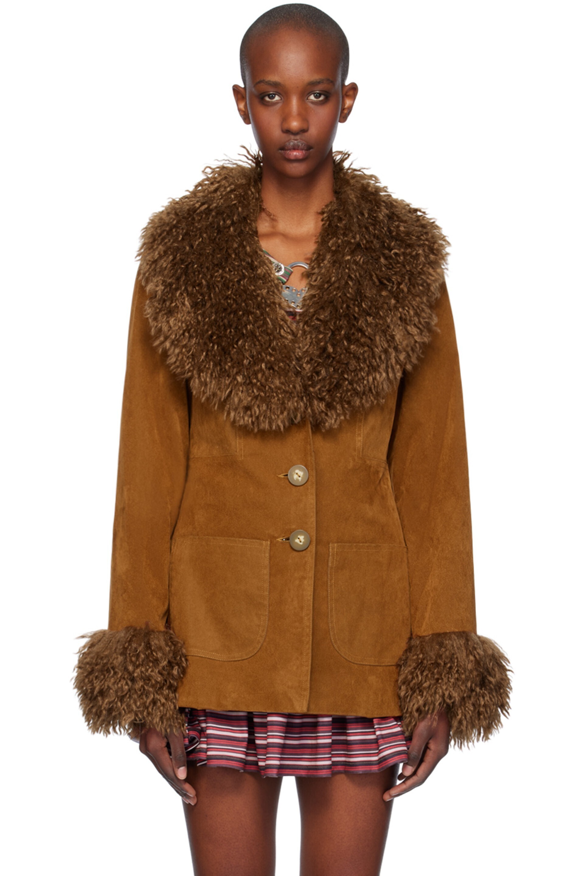 ANNA SUI Faux Fur Trimmed Faux Suede Jacket