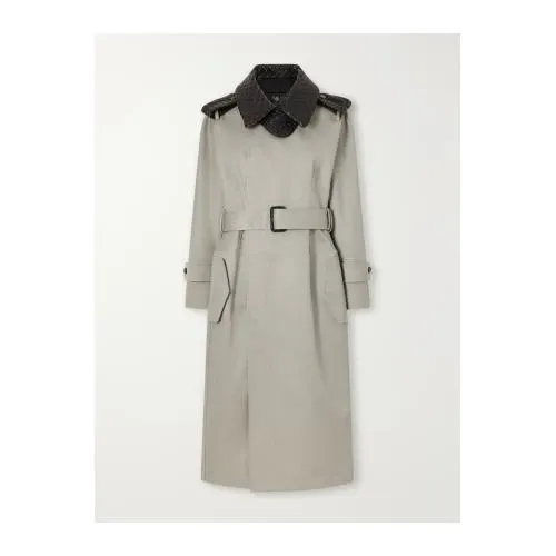 BOTTEGA VENETA Belted Intrecciato leather-trimmed cotton-gabardine coat
