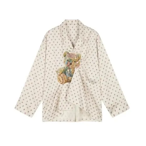 UOOYAA Sad bear jacquard appliqué pintuck shirt