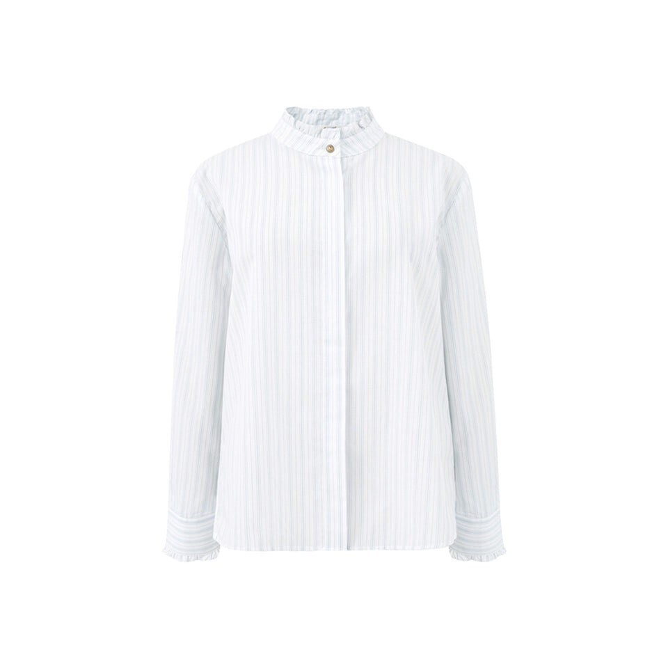 depound gold button frill blouse - blue stripe