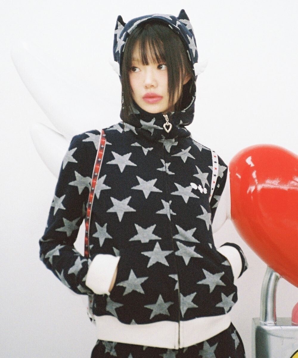 CLUT STUDIO Star Angel Wings Zip-Up Hoodie Top - Navy