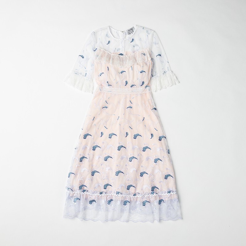 RICK RHE Wave Embroidery Tulle Dress