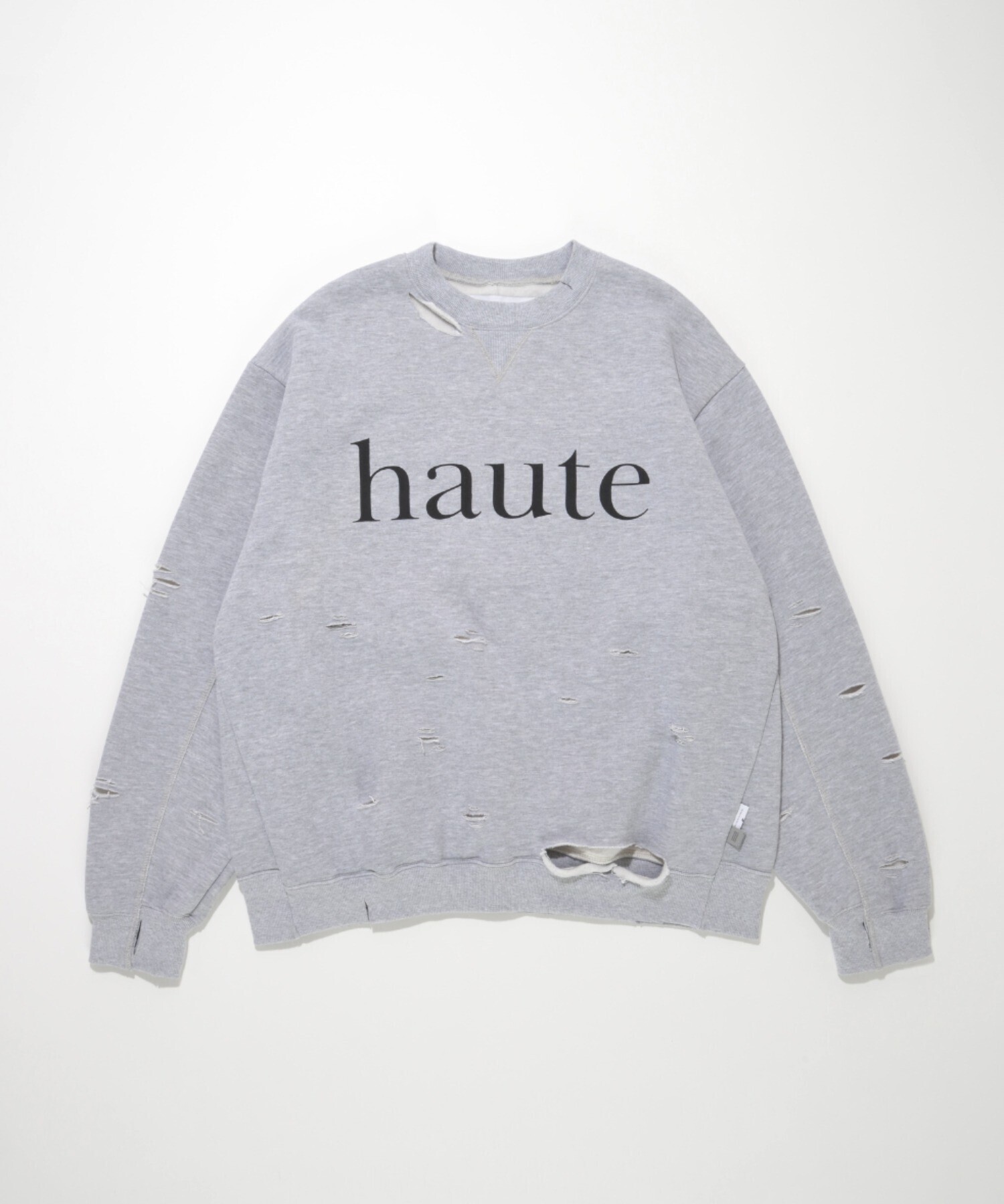 SUPERTHANKS フロントプリント ダメージ加工スウェット”haute' damage sweat crew neck