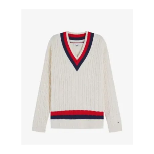 Tommy Hilfiger cable-knit striped-trim sweater