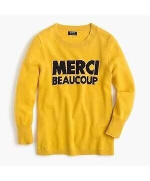 J.Crew Everyday cashmere crewneck sweater with "merci beaucoup"