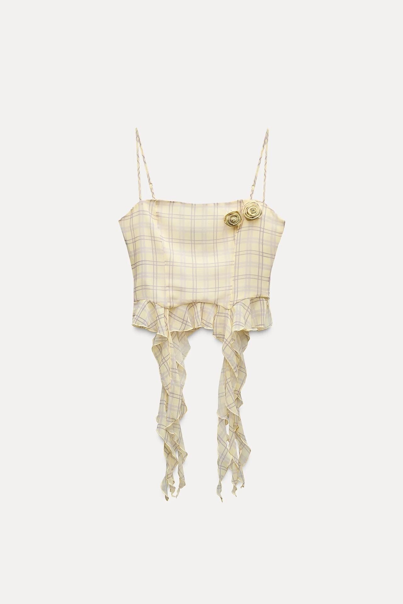 ZARA 花柄フリルチェックトップス