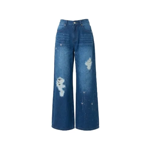 Rosé Muse Rhine stone damaged denim pants