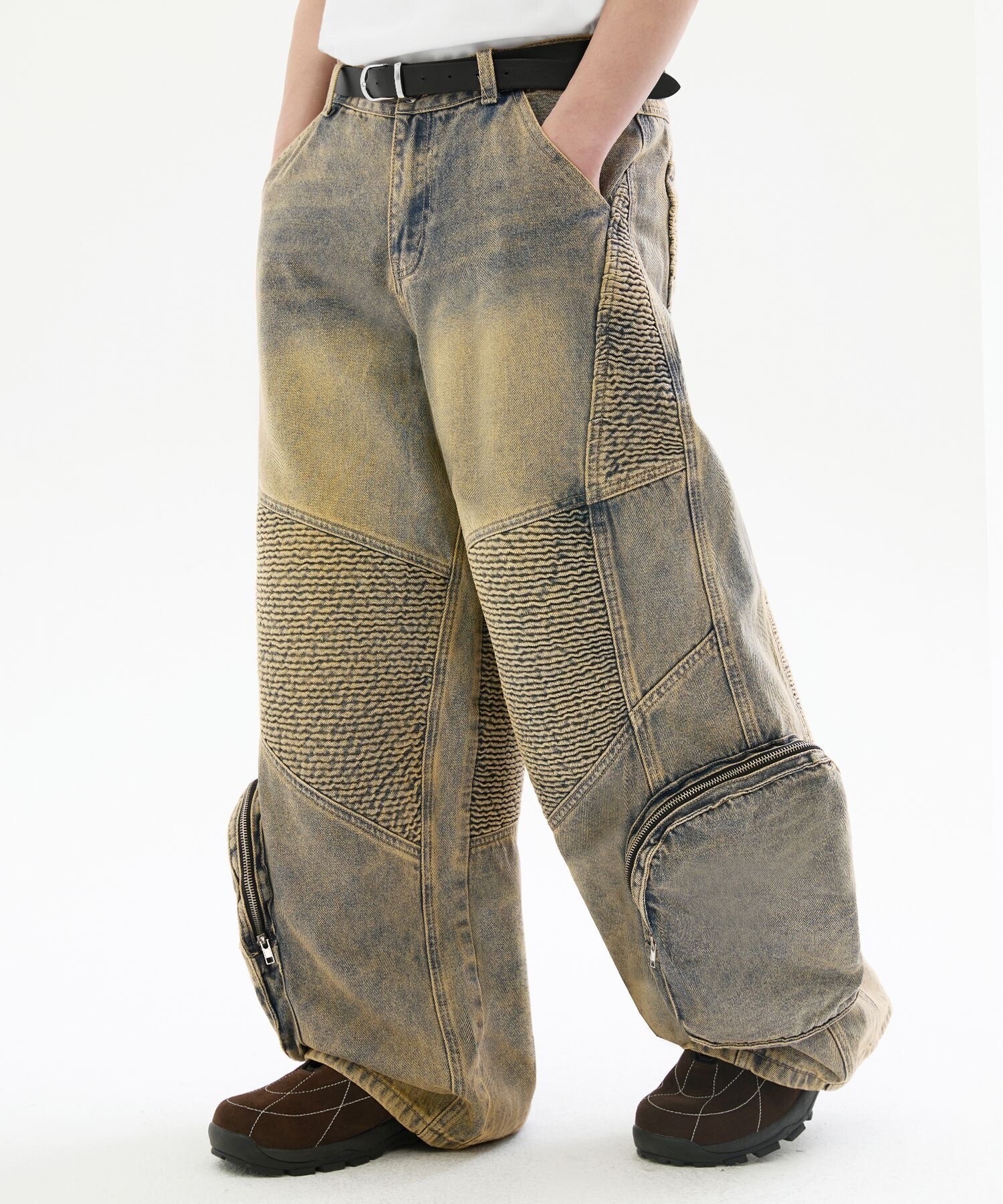 TRILLION Biker 3D Pocket Washed Balloon Fit Denim Pants [Mud Beige]