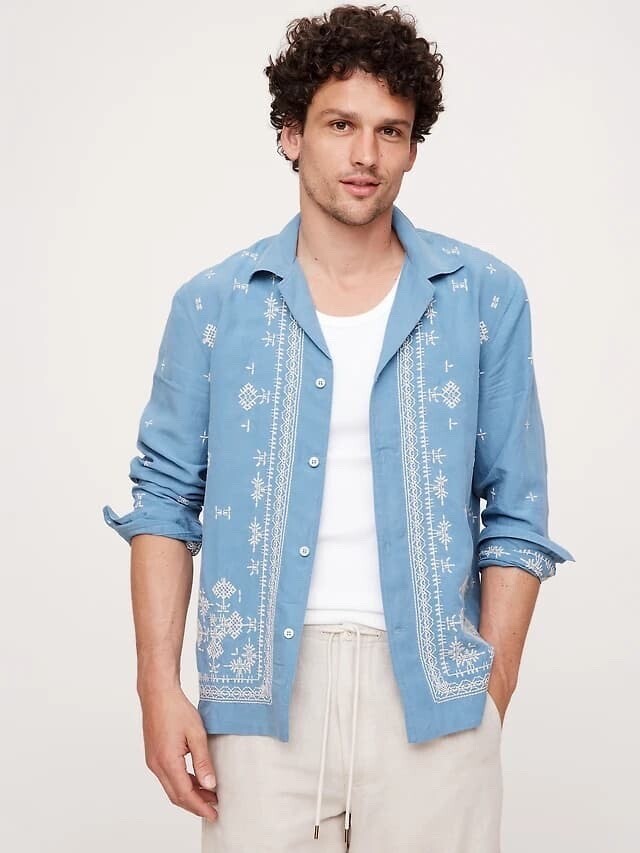 Banana Republic Standard-Fit Embroidered Tencel™-Linen Long-Sleeve Resort Sh
