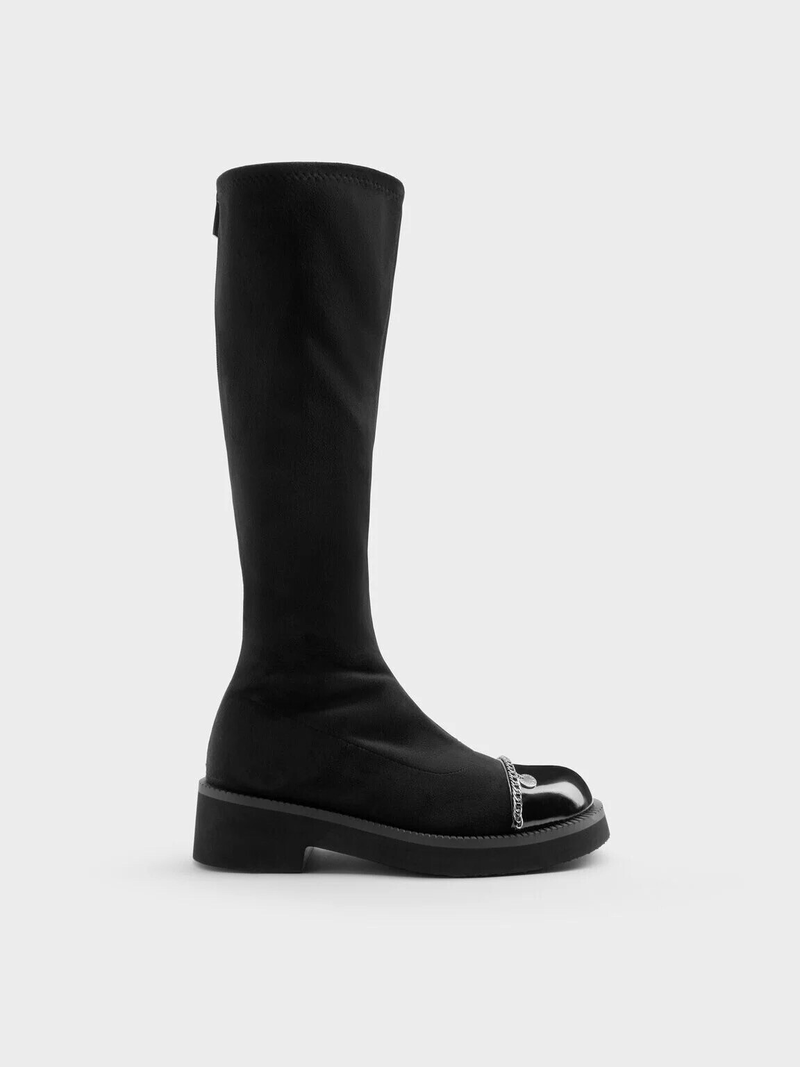 CHARLES & KEITH フォースエード ブレイドチェーンメタリックアクセントロングブーツ - ブラックテクスチャード