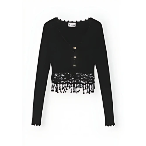 GANNI Black Shiny Viscose Crochet Cardigan
