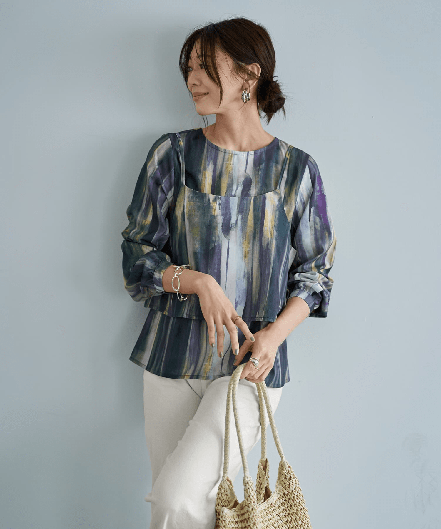 STYLE DELI 重ね着キャミセット水彩ストライプ柄ブラウス