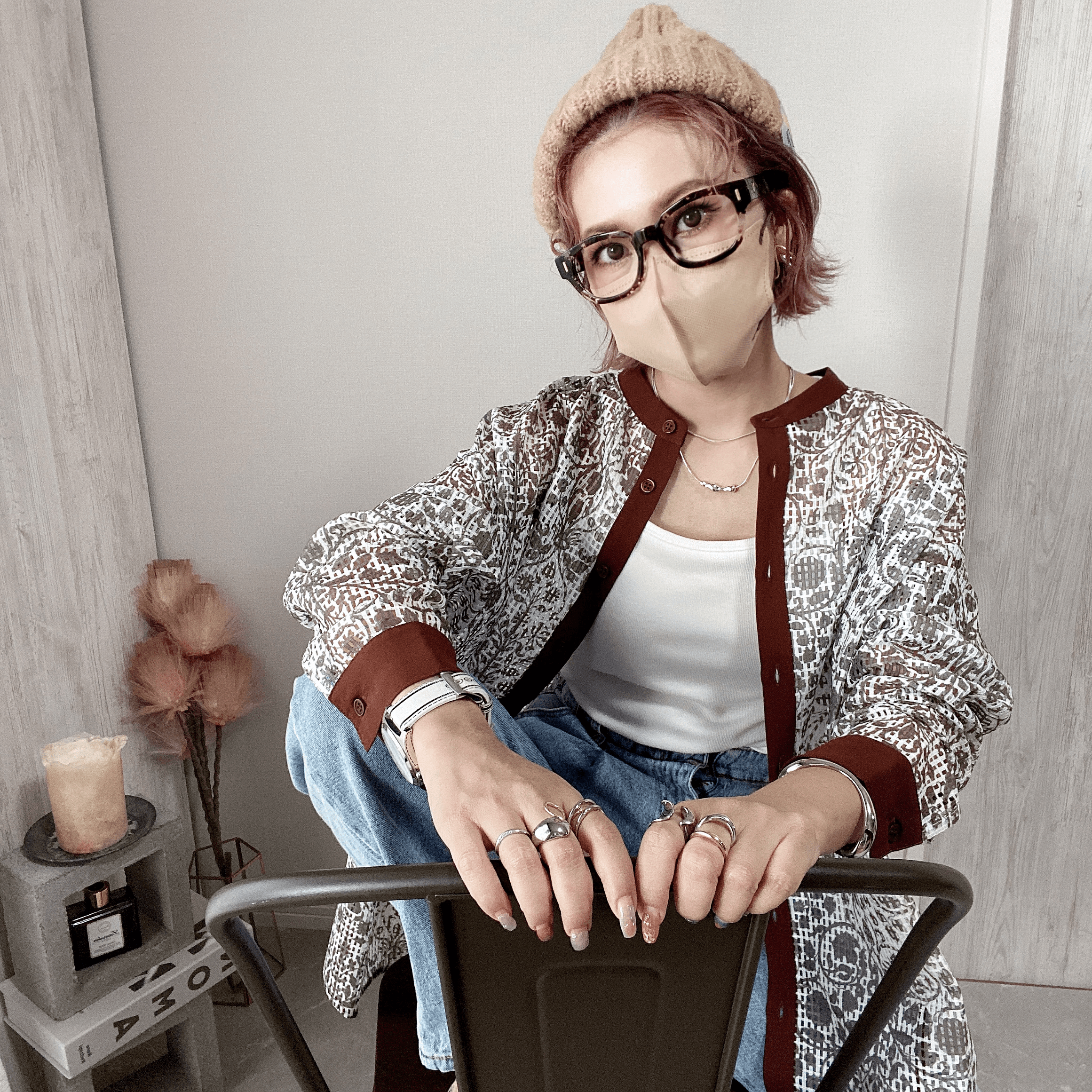 Chich&Sally mesh on lace print BL【Brown】