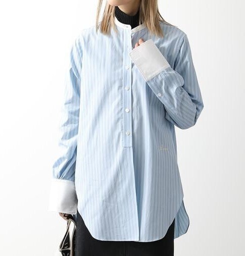 MARNI ノーカラー ダブルカフス ストライプ ロゴ コットン ポプリン ブラウス