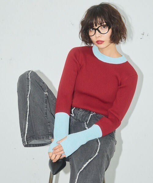 ELLEgirl 配色ラメリブハイネックニットトップス