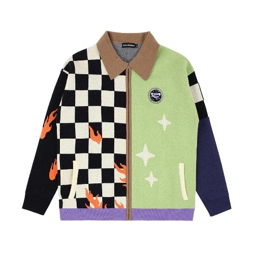 TAKA Original Cosmic Univ. flaming checkboard zipped knitted cardigan