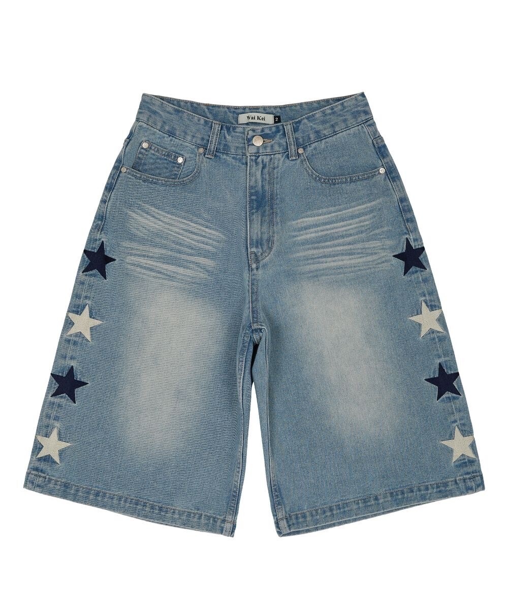 WAI KEI Star Denim Bermuda Pants Light Blue