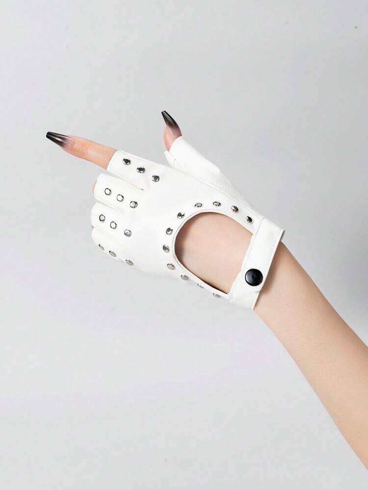 SHEIN 1 Pair Women's Decorative PU Half-Finger Gloves