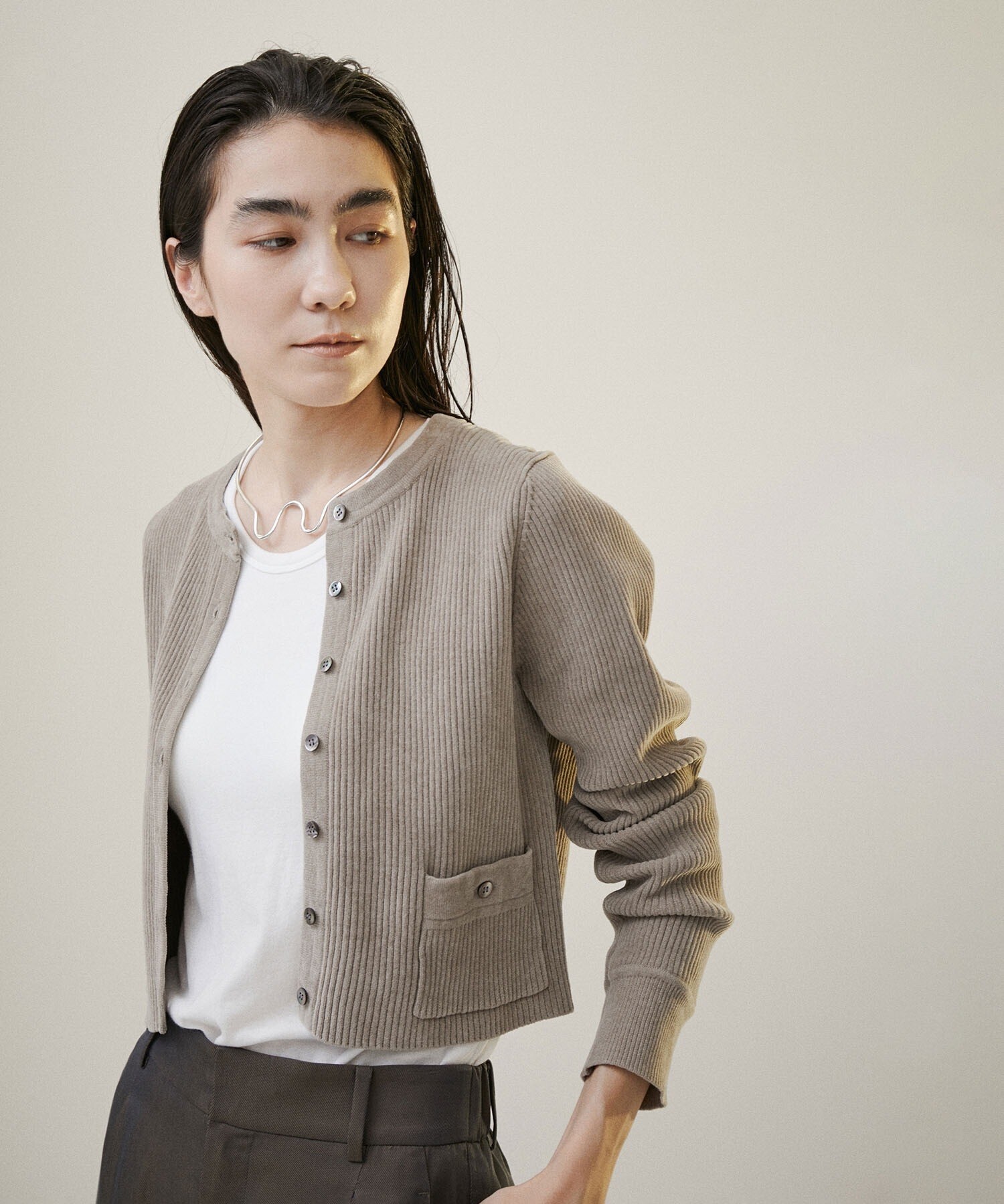 SALON adam et rope' リブクルーネックショートカーディガン -CreamyCotton