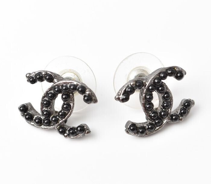 CHANEL Chanel CC Mark Pearl Motif Earrings Black/Chrome Silver