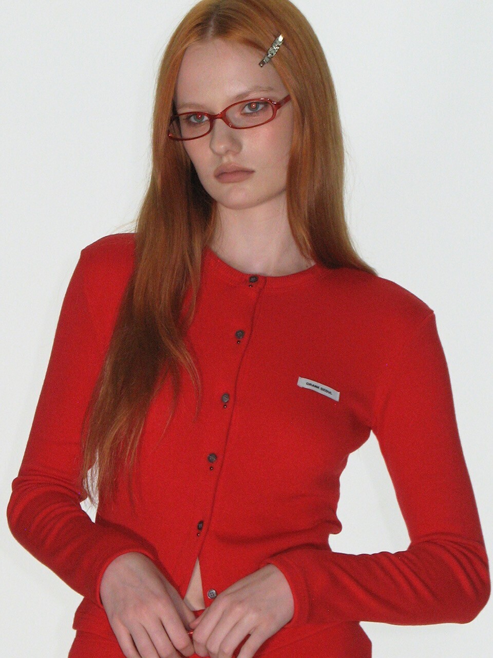 CRANK KNIT STUD BUTTON CARDIGAN_RED