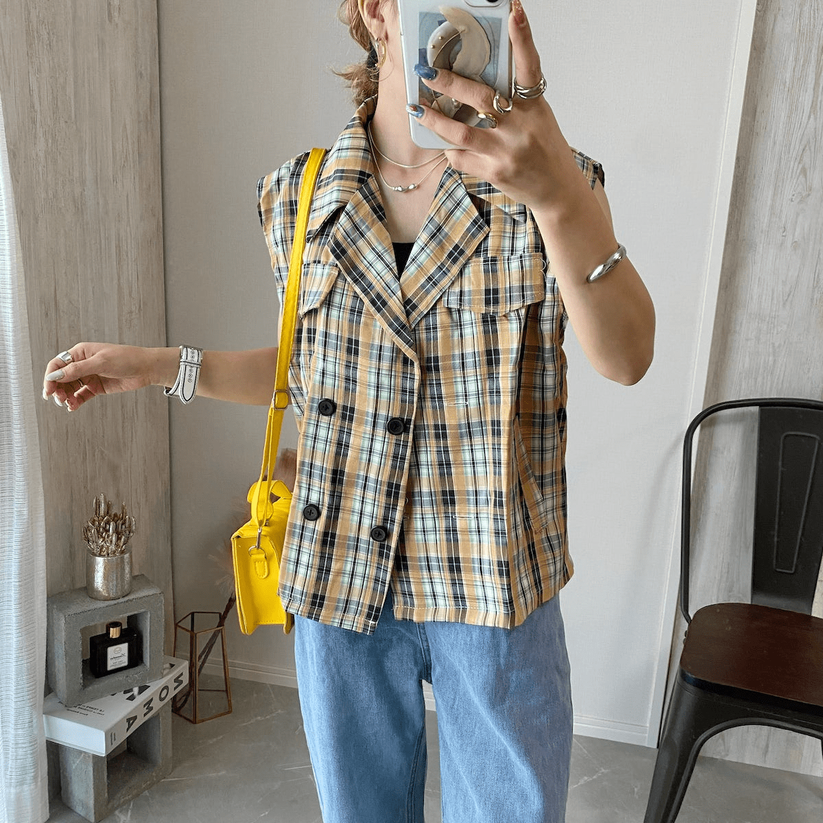 Chich&Sally trtan check pattern trench vest【Beige】