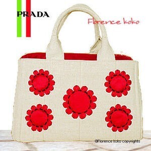 PRADA リネンCanapaフラワーモチーフトート