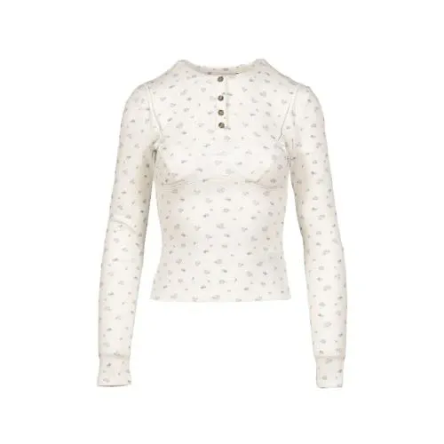 MARK GONG WHITE FLORAL PRINT LACE-TRIM BRALETTE DETAIL LONG SLEEVE HENLEY SHIRT